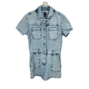 Gap Denim Jumpsuit Romper Shortall Light Wash Sz 10 Utility 90s Style Festival